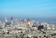 giantess collage city blonde destruction clothed buildings wonderslug squatting fire skyscrapers smoke clothing looking_at_viewer nikki_sims