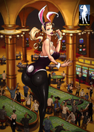 drawing giantess blonde blue_eyes clothed handheld ponytail lipstick bunny_suit indoors clothing las_vegas casino mole