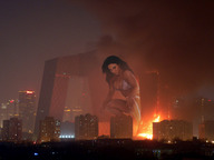 breasts giantess city mega destruction cleavage buildings brunette wonderslug fire smoke night crouching lights