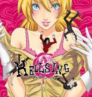 giantess blue_eyes cleavage anime climbing hellsing looking_at_viewer shrunken_character alucard catherine_parody between_breasts
