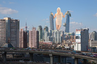 collage city blonde destruction clothed rampage helicopter low_angle wonderslug dress skyscraper looking_at_viewer