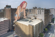 giantess collage city blonde cleavage high_heels smiling wonderslug bending_over leaning between_buildings rooftop leaning_forward crushed_car jennifer_widerstrom
