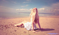 collage blonde clothed beach barefoot dress shrunken_men sitting clothing behind_view pebbles