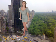 giantess collage city clothed high_heels smiling wonderslug bus skyscraper streets clothing looking_at_viewer crushed_car city_park leighton_meester