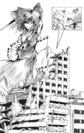 drawing giantess monochrome destruction buildings touhou giantess_night reimu_hakurei shrine_maiden