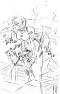 drawing giantess city monochrome destruction crotch_rub rei_ayanami neon_genesis_evangelion
