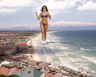 giantess collage swimsuit beach cleavage ocean wonderslug sunglasses sand clouds sky between_fingers claudia_romani holding_helicopter