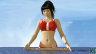 bikini giantess black_hair blue_eyes ocean smiling looking_down boats giants_and_the_city digital_render