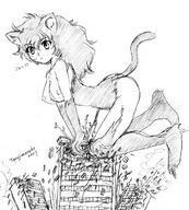 breasts furry tail destruction torajimaneko crawling cat_girl skyscrapers pencil_drawing