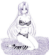 drawing giantess long_hair swimsuit stockings embarrassed sitting zebra inked