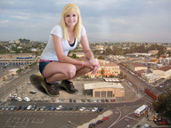collage blonde smiling unknown_artist shorts sneakers crouching parking_lot