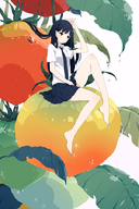 drawing clothed barefoot skirt tie shrunken_woman fruit
