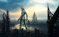 giantess collage city butt armor fantasy buildings sky guns futuristic behind_view lala222221