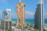 breasts giantess collage city mega blonde swimsuit ocean high_heels short_hair walking skyscraper streets hands_on_hips lala222221