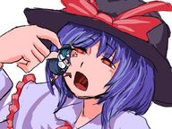drawing giantess color handheld touhou purple_hair shrunken_woman open_mouth dangle hat between_fingers hinanawi_tenshi imminent_vore nagae_iku looking_at_tiny