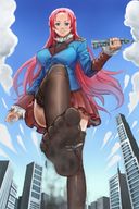 drawing city long_hair destruction buildings low_angle red_hair airplane looking_down sky point_of_view looking_at_viewer raised_foot imminent_crush stocking_foot kazan_no_you