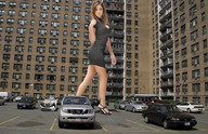 giantess collage city cars buildings brunette wonderslug walking parking_lot looking_at_viewer overturned