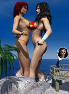breasts giantess mega black_hair swimsuit water ocean giganta red_hair giantesses sky wonder_woman rocks super_heroine bracelet tiara digital_render dc_comics cutaway