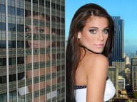 giantess collage city brunette wonderslug reflection skyscrapers leaning looking_at_viewer