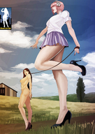 breasts drawing nude landscape size_difference skirt high_heels domination mini_giantess legs amazon headphones shrunken_woman grass leash clouds sky looking_at_viewer giantessfan trail