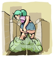 drawing giantess city butt green_hair squatting fart gas between_buildings blowing_gas