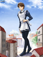 drawing giantess feet buildings omc nylons walking shrunken_woman maid_uniform clouds sky looking_at_viewer stocking_feet