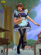 drawing giantess buildings stockings omc smiling town walking shrunken_people maid_uniform stocking_feet