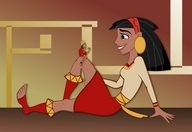 breasts drawing giantess mega black_hair color toes skirt sitting uniform dark_skin disney earrings hairband looking_at_tiny on_knee bare_legs kisparlius malina the_emperors_new_groove kuzco
