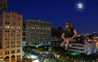 giantess collage city buildings brunette moon wonderslug sitting legs sunglasses night lights looking_at_viewer evening