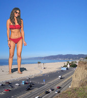 giantess collage swimsuit beach barefoot ocean brunette smiling wonderslug legs belly shrunken_people foot_print sunglasses sand ali_landry
