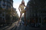 giantess collage blonde high_heels shrunken_people streets alessandra_ambrosio looking_at_viewer sunlight crushed_car accasbel barcelona