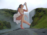 giantess collage high_heels waterfall legs shrunken_people drinking river sky jessica_alba hill_side accasbel bottled_water