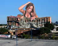 giantess collage blonde destruction cleavage buildings brown_eyes wonderslug looking_at_viewer nikki_sims vandalism