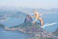 giantess collage city blonde swimsuit cleavage water buildings wonderslug mountains bay boats looking_at_viewer peak