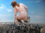 collage city mega destruction skirt buildings red_hair dress boots kneeling reaching skyscrapers sky new_york_city karen_gillan ps3_has_no_games