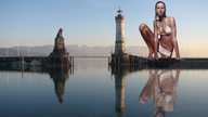 breasts giantess collage mega swimsuit barefoot cleavage water wet mountains lake reflection statue necklace light_house accasbel constance_lake