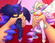 bikini drawing furry tail wings anthro color long_hair blue_eyes handheld princess purple_eyes blue_skin fanart shrunken_woman thighs indoors sheela commission my_little_pony horn princess_celestia butternut alicorn princess_luna multicolored_hair pale_skin jsk244 bare_midriff cutie_mark ethereal_hair