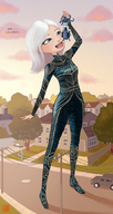 breasts drawing giantess white_hair vore mega alien color tongue blue_eyes buildings susan gloves street ginormica short_hair cartoon dangle vehicles tentacles monsters_vs_aliens neighborhood power_lines jumpsuit dialogue looking_at_tiny susan_murphy dreamworks antennae gallaxhar