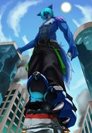 drawing crush furry destruction giant male buildings low_angle paws sun muscles bus looking_down sky under_foot point_of_view
