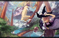 drawing feet mega bridge destruction barefoot touhou low_angle mountains clouds sky raised_foot stream