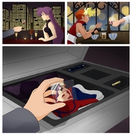 nude long_hair anime purple_hair dirty_pair kei lesbians shrunken_woman food bowl kidnapped restaurant