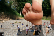 collage feet barefoot soles worship running shrunken_people outdoors under_foot trees raised_foot running_away sidewalk imminent_crush marcrtr