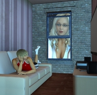 giantess city blonde cleavage skirt glasses lying_down window sofa looking_in boomgts looking_at_tiny digital_render