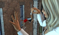 giantess city blonde skirt buildings glasses dangle between_fingers boomgts kidnapping looking_at_tiny digital_render