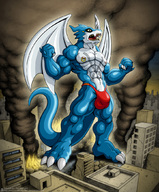 drawing wings city dragon color destruction giant mouth teeth muscles fire standing smoke flexing cock_bulge jockstrap geminisaint