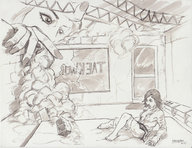 drawing giantess monochrome destruction roof taekwondo dojo c21 lifting_roof