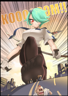 drawing giantess crush city color skirt anime red_eyes huge_breasts stockings green_hair police vivian running looking_down people raised_foot imminent_crush otonashi_kiruko rookie_cop_kiruko shinmai_fukei_kiruko kiruko_otonashi tonfa_blades kazan_no_you