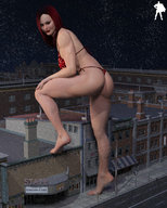 giantess mega swimsuit red_hair thong legs night looking_at_viewer snowing digital_render