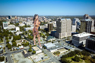 giantess collage city black_hair clothed high_heels buildings smiling wonderslug foot_print streets aerial_view denise_milani looking_at_viewer