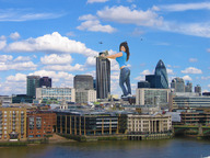 giantess collage city destruction clothed helicopter jeans smiling wonderslug london skyscraper clouds sky denise_milani looking_at_viewer waterfront gherkin